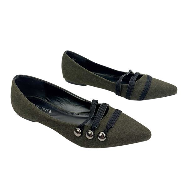 Rampage Safari Green Wool Strappy Button Pointed Toe Flats Sz 8.5 Comfort Trendy - Picture 1 of 12